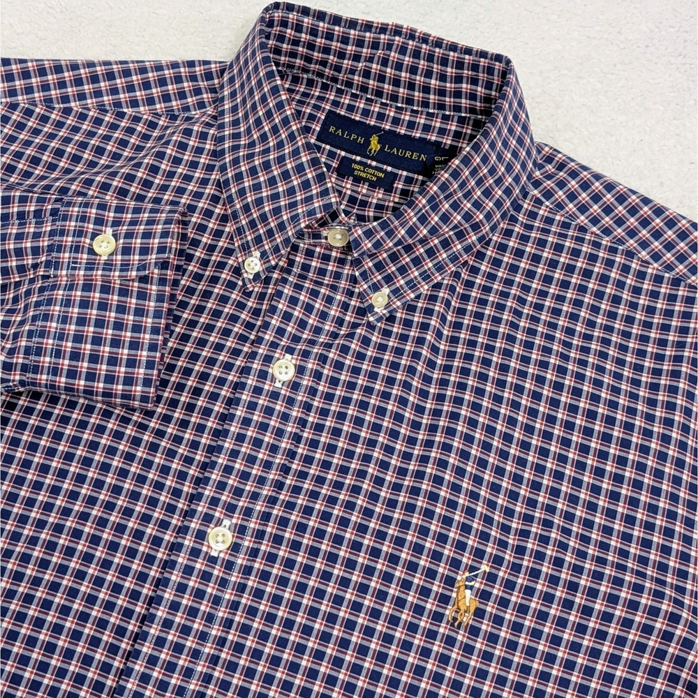 Ralph Lauren L/S Flesh Pony Button Shirt Mens L Stretch Blue Red White Check